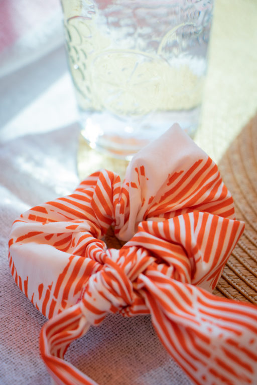 Red and white striped Heliboo scrunchie 1