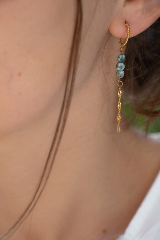 Boucles d'oreilles pendantes Ysée turquoises et dorées 2