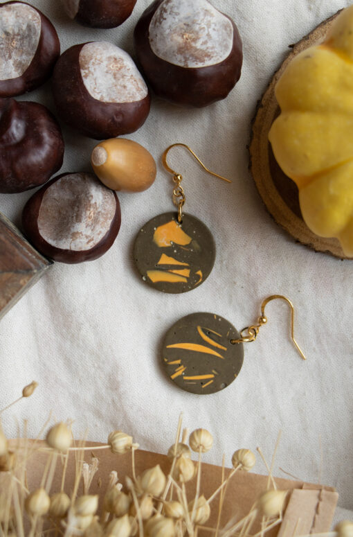 Unique round earrings - Tangerine and chocolate 1